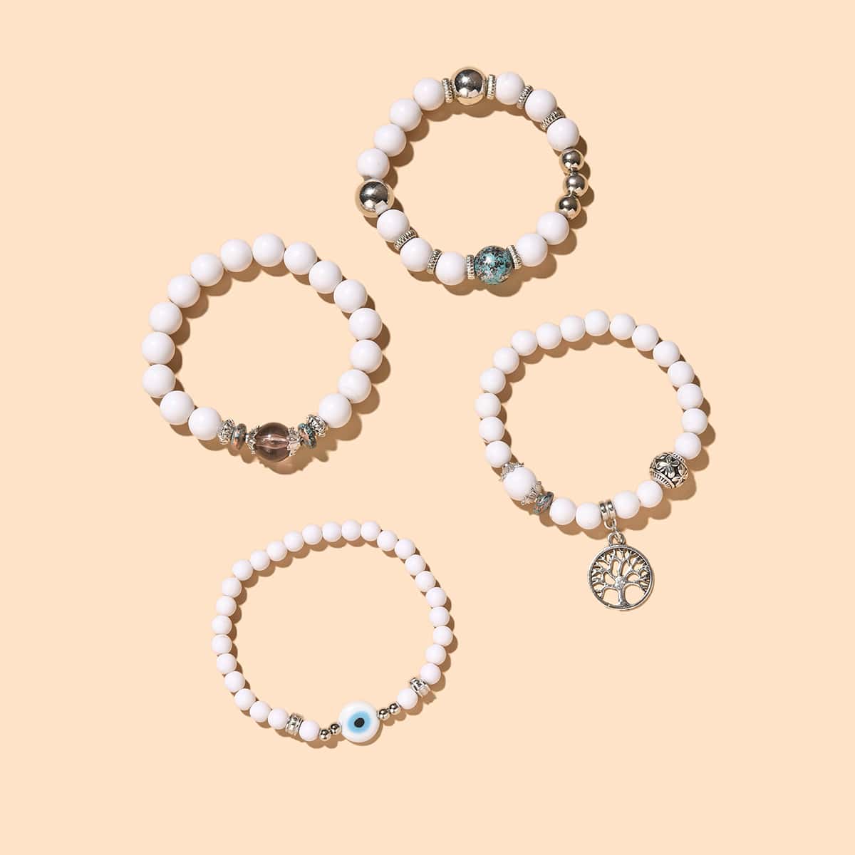 

4pcs Tree Charm Beaded Bracelet, White