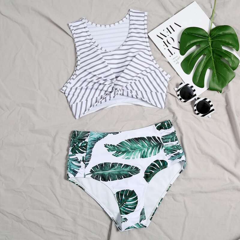 

Striped & Tropical Twist Bikini Swimsuit, Multicolor