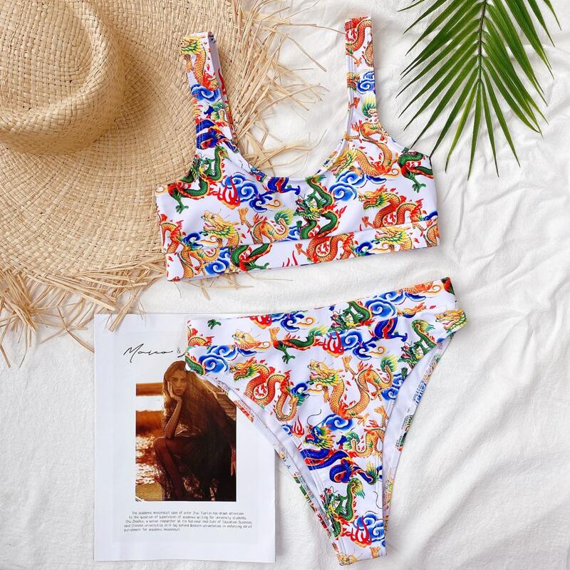 

Dragon Print High Leg Bikini Swimsuit, Multicolor