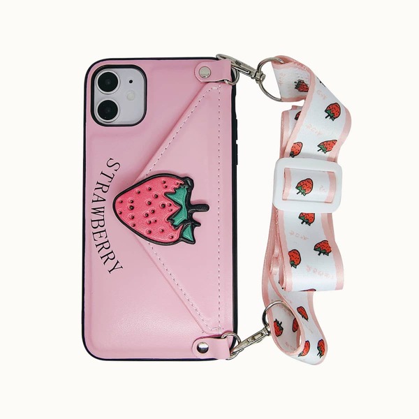 

1pc Strawberry Pattern iPhone Wallet Case, Pink