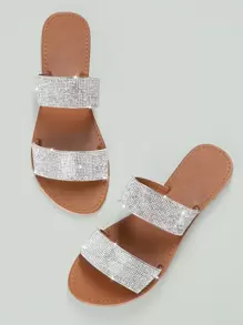SHUZIA Women's Glamorous Open Toe Twin Crystal Band Slide Sandals