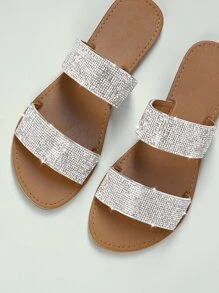 SHUZIA Women's Glamorous Open Toe Twin Crystal Band Slide Sandals