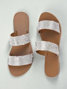 SHUZIA Women's Glamorous Open Toe Twin Crystal Band Slide Sandals