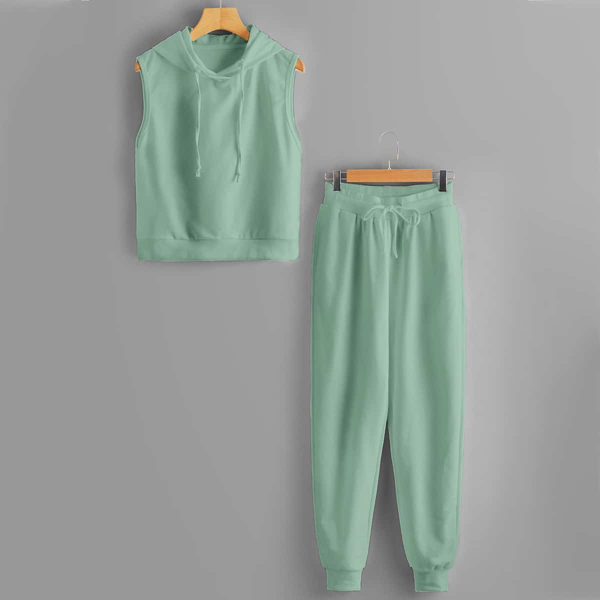 

Drawstring Hooded Top & Sweatpants, Pastel mint green