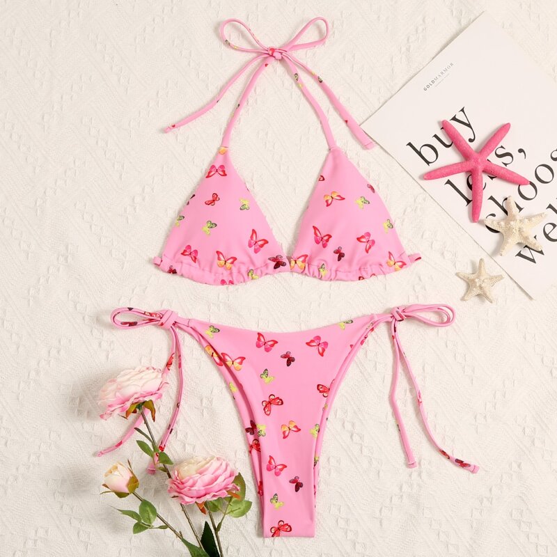 

Butterfly Print Triangle Halter Tie Side Bikini Swimsuit, Pastel baby pink