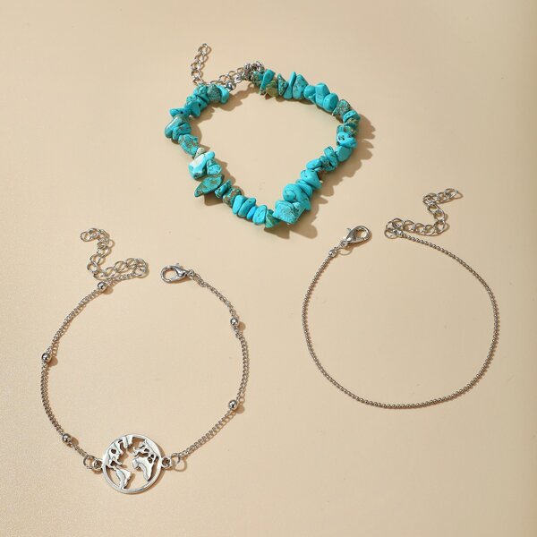 

3pcs Girls Map Turquoise Decor Anklet, Multicolor