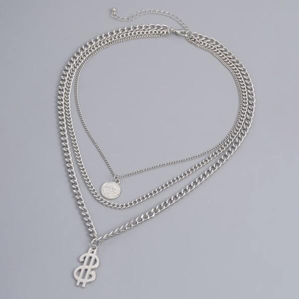 

Men Dollar Layered Chain Necklace, Silver