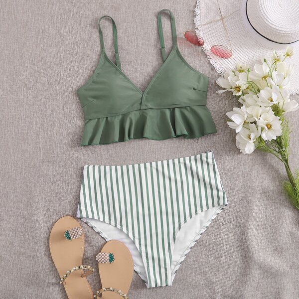 

Striped Ruffle Hem High Waisted Bikini Swimsuit, Multicolor