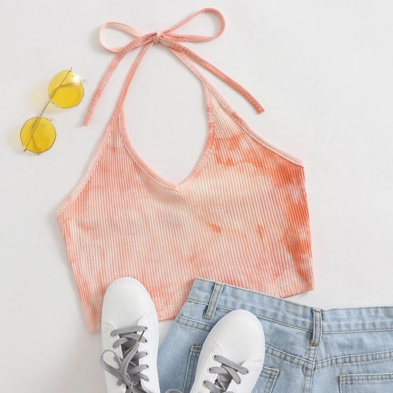 

Tie Dye Crop Halter Top, Coral orange