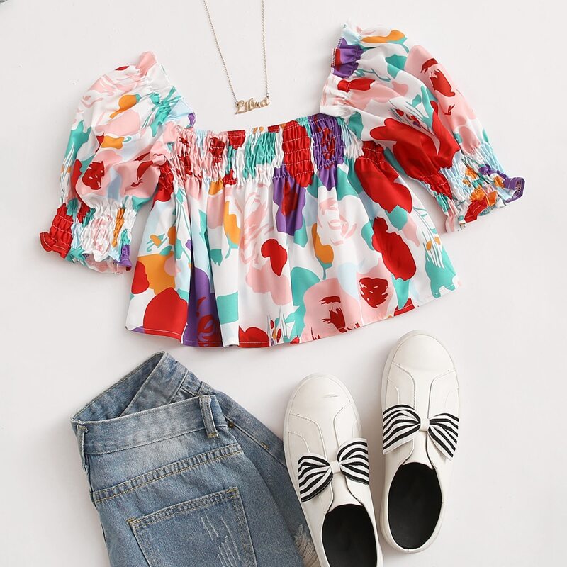 

Floral Puff Sleeve Crop Blouse, Multicolor