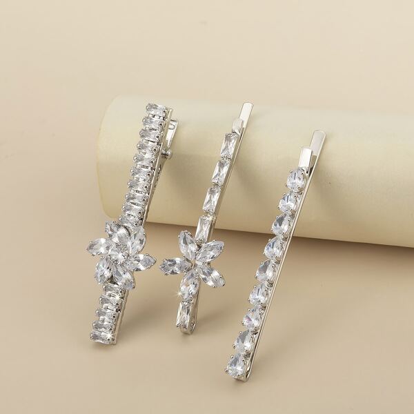 

3pcs Rhinestone Decor Bobby Pin, Silver