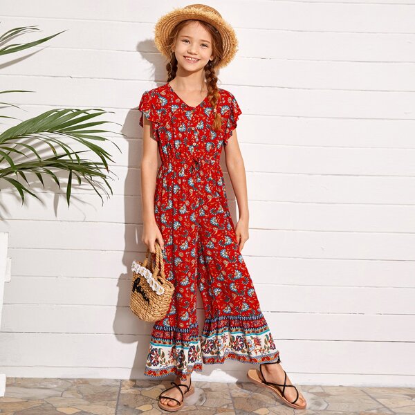 

Girls Butterfly Sleeve Ruffle Hem Tribal Print Jumpsuit, Red