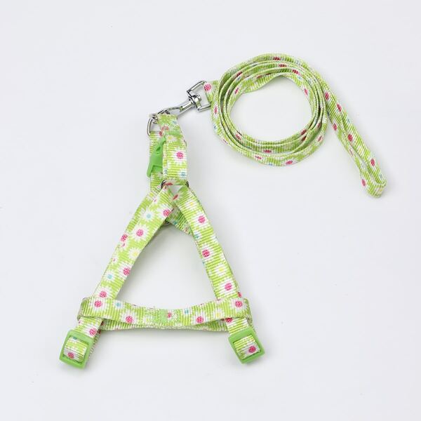 

1pc Dog Flower Print Harness With 1pc Leash, Green