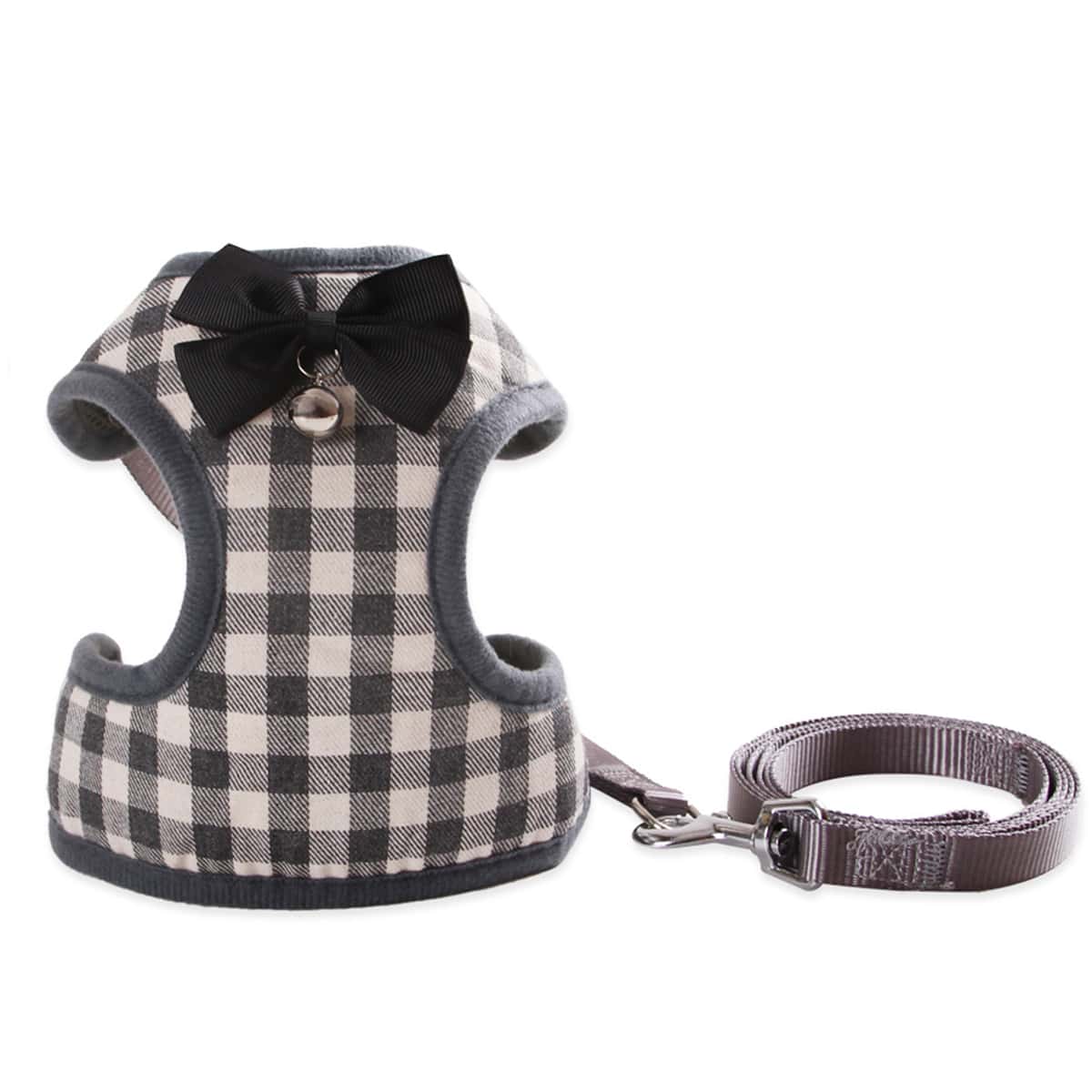 

1pc Gingham Dog Vest Harness With Leash, Grey