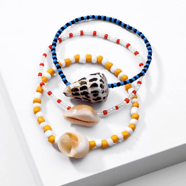 

3pcs Shell Decor Beaded Bracelet, Multicolor