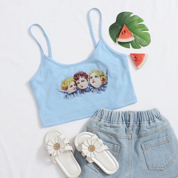 

Girls Angel Print Crop Cami Top, Baby blue