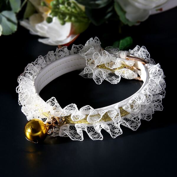 

1pc Bell Pendant Lace Cat Collar With Buckle, Yellow