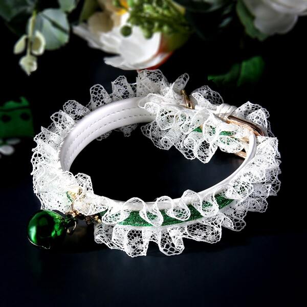 

1pc Bell Pendant Lace Cat Collar With Buckle, Green
