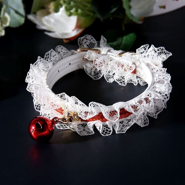 

1pc Bell Pendant Lace Cat Collar With Buckle, Red