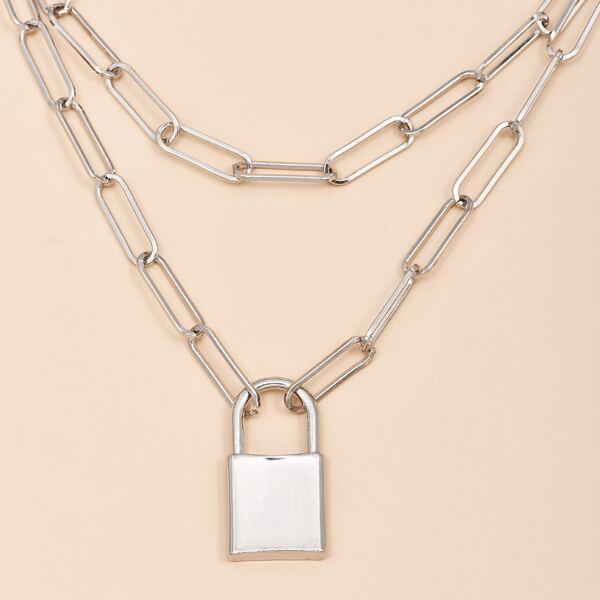 

Lock Layered Chain Necklace, Silver