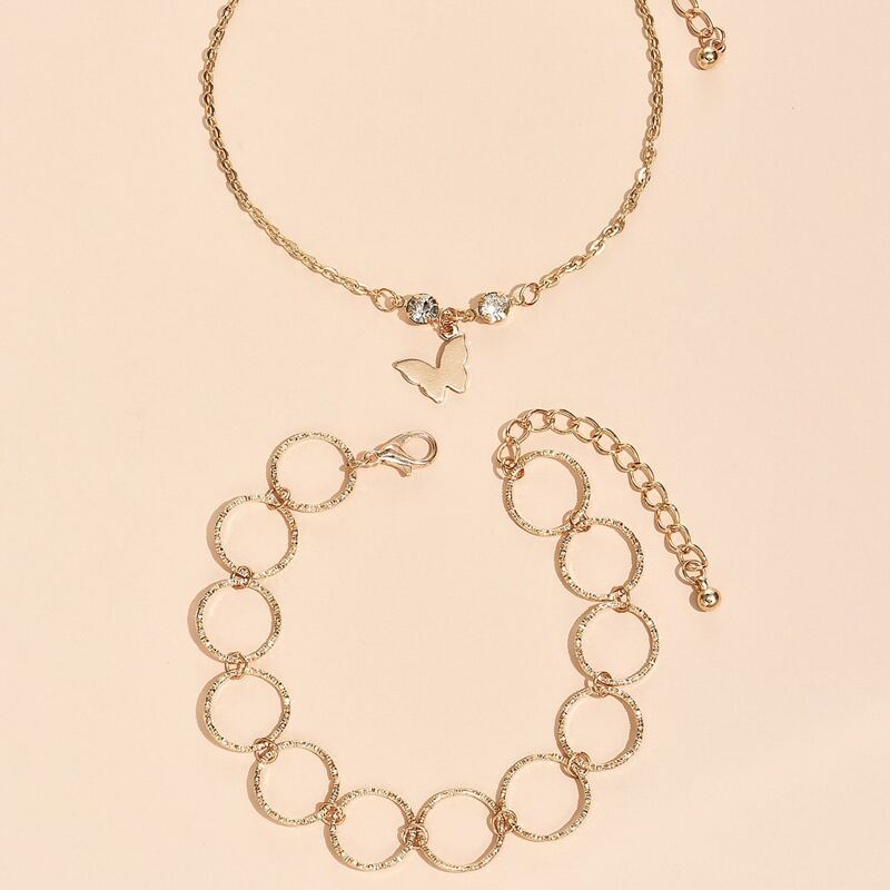 

2pcs Round Butterfly Decor Anklet, Gold
