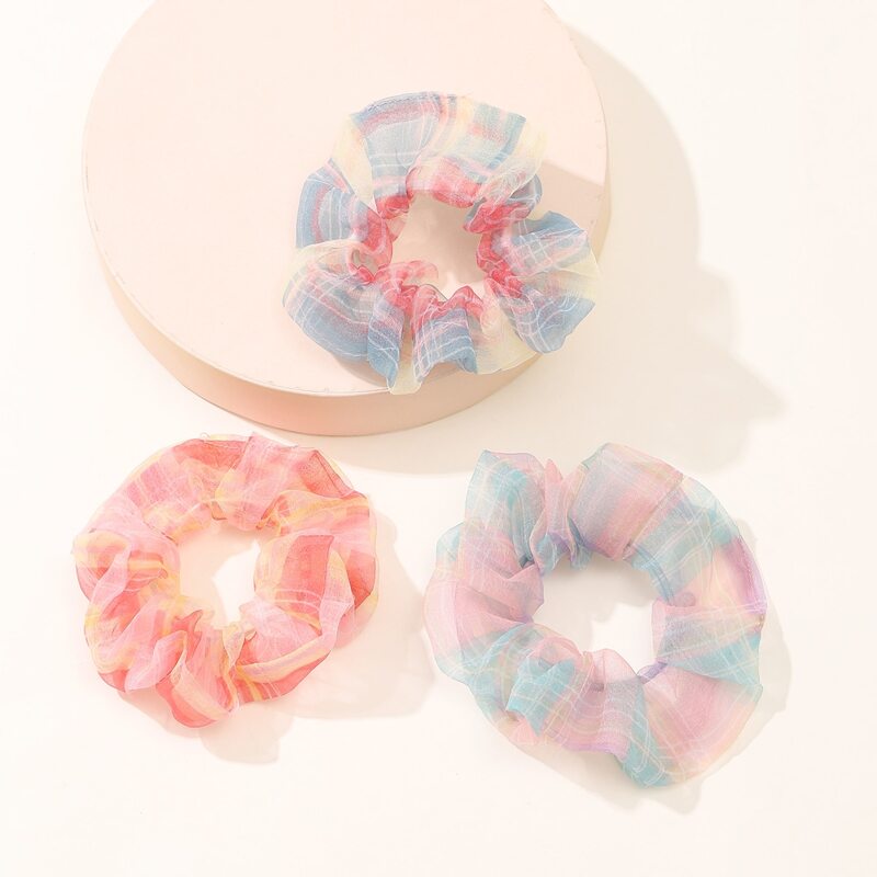

3pcs Plaid Mesh Scrunchie, Multicolor