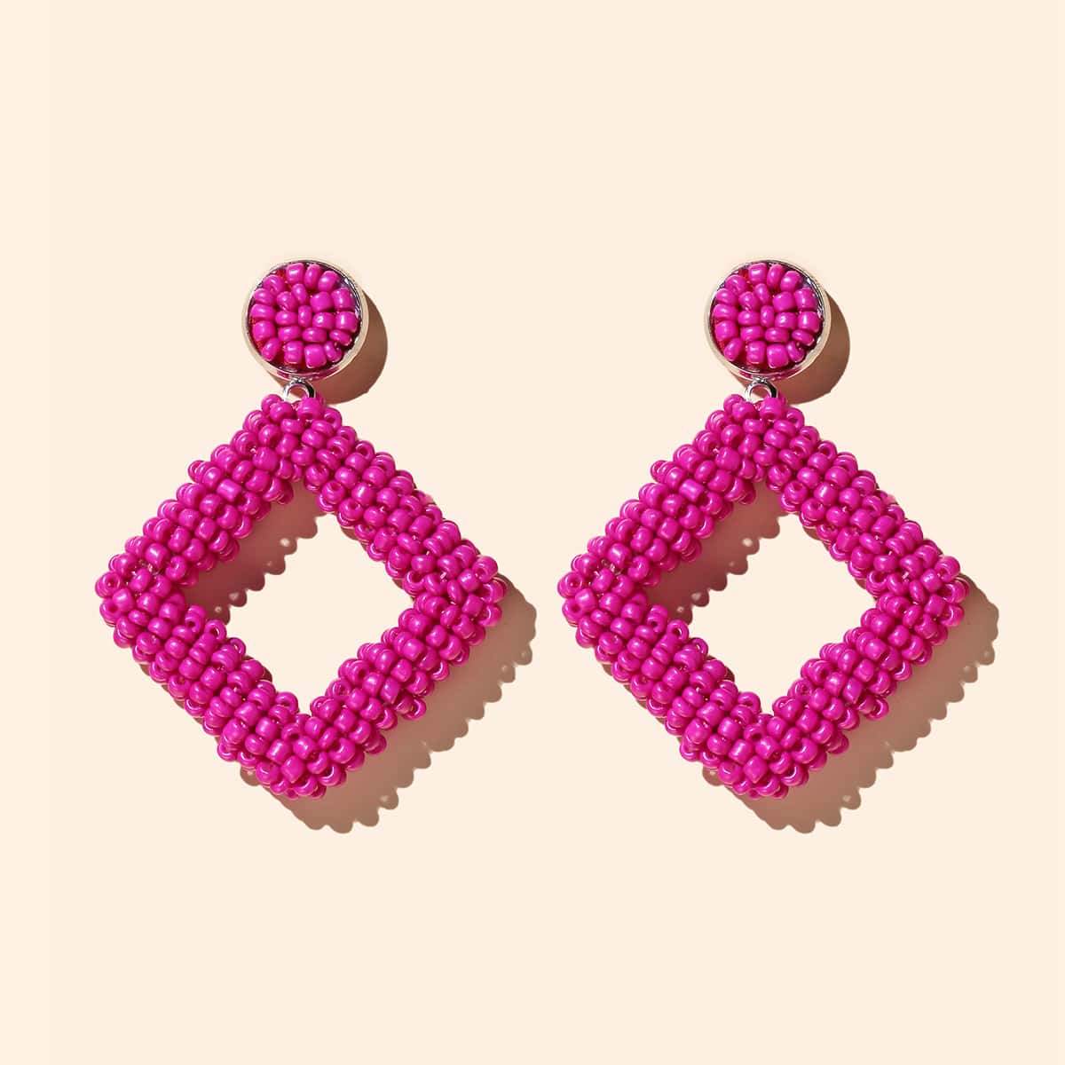 

Bead Geometric Drop Earrings, Hot pink
