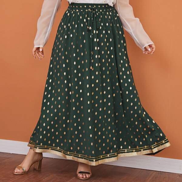 

Plus Gold Print Elastic Waist Skirt, Dark green