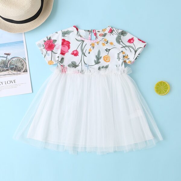 

Baby Girl Mesh Panel Floral Print Smock Dress, White
