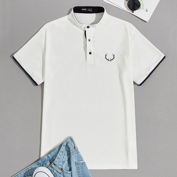 

Men Embroidery Detail Mock Neck Polo Shirt, White
