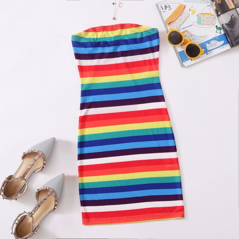 

Rainbow Striped Rib-knit Tube Bodycon Dress, Multicolor