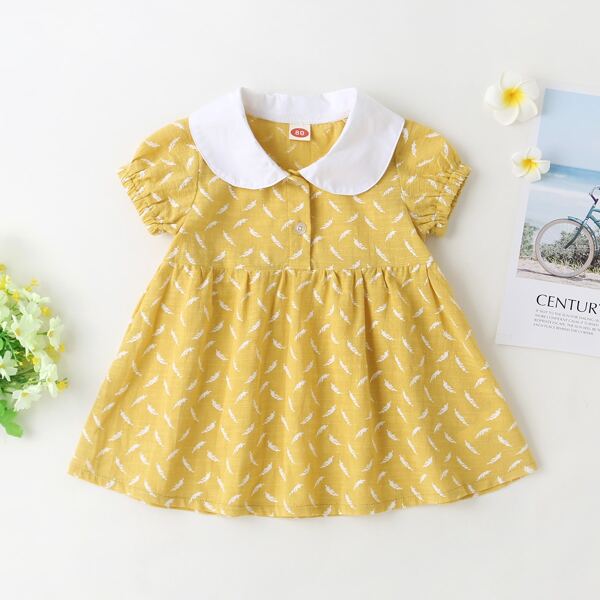 

Baby Girl Peter Pan Collar Leaf Print Smock Dress, Yellow