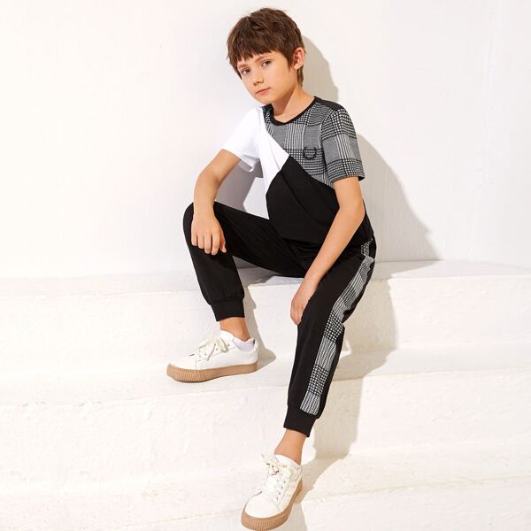 

Boys Embroidery Detail Plaid Panel Top & Contrast Side Joggers Set, Multicolor