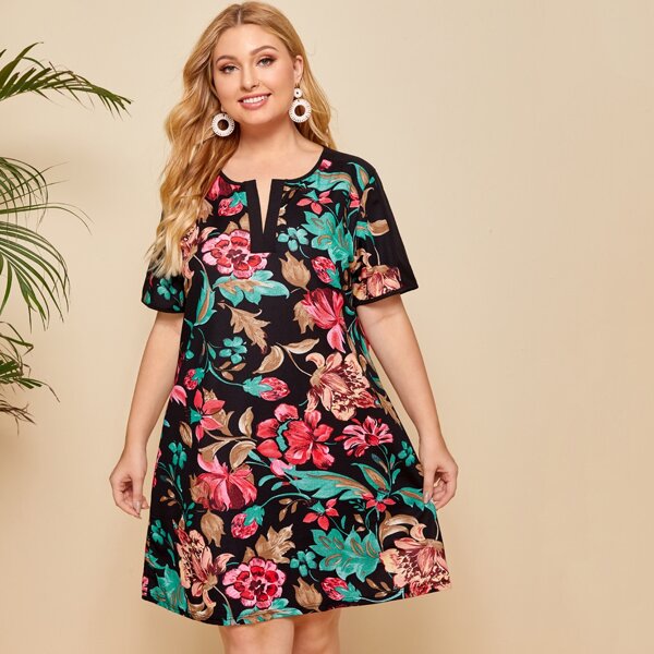

Plus Floral Print Notch Neck Tunic Dress, Multicolor