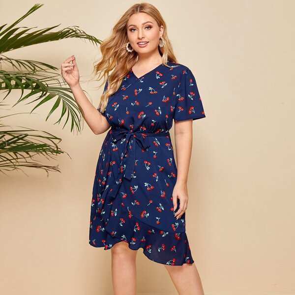 

Plus Cherry Print Belted Wrap Dress, Navy blue