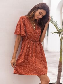 Laranja Queimado Estampa em toda a parte Boho Vestido