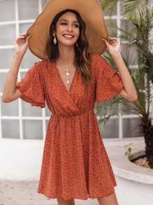 Laranja Queimado Estampa em toda a parte Boho Vestido