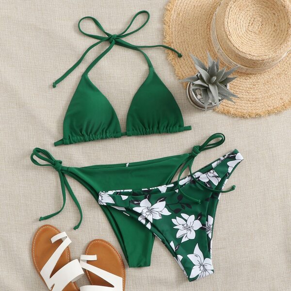 

3pack Floral Triangle Halter Tie Side Bikini Swimsuit, Green