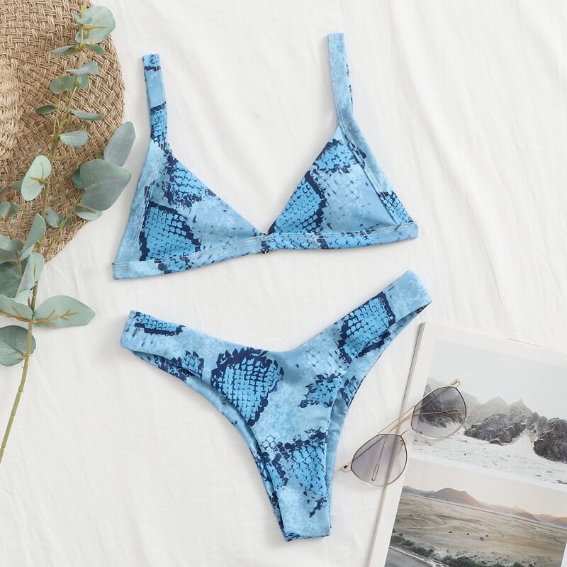 

Snakeskin Triangle High Cut Bikini Swimsuit, Pastel baby blue