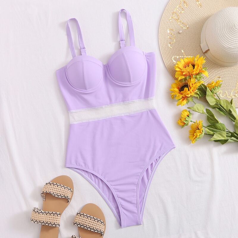 

Contrast Mesh Underwired One Piece Swimsuit, Pastel lilac purple