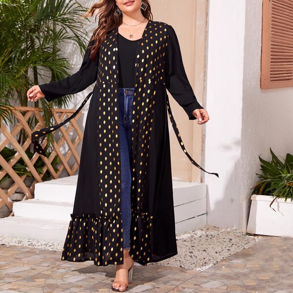 

Plus Gold Dot Panel Belted Kimono, Black