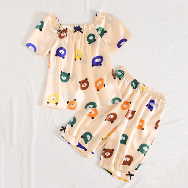 

Girls Allover Cartoon Bear Graphic Satin PJ Set, Apricot