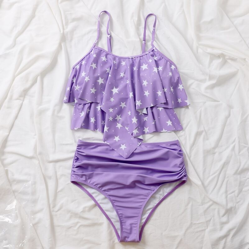 

Star Print Hanky Hem High Waisted Bikini Swimsuit, Violet purple