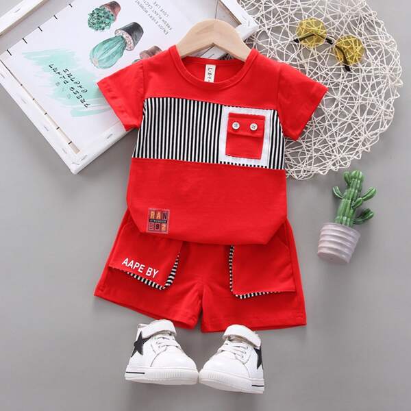 

Toddler Boys Striped Panel Pocket Front Tee & Track Shorts, Red neon