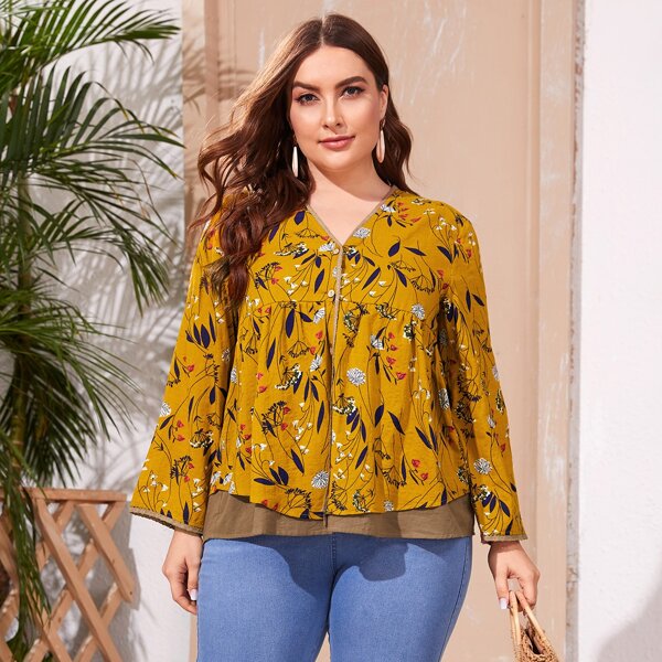 

Plus Plants Print Button Front High Low Blouse, Mustard yellow