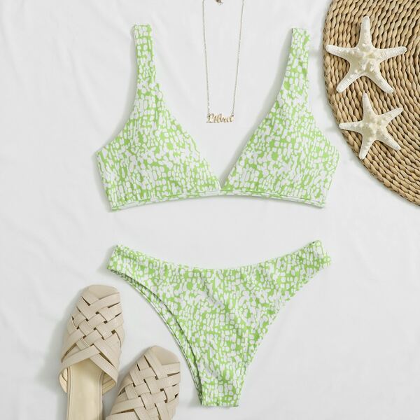 

Allover Print Tie Back Bikini Swimsuit, Lime green