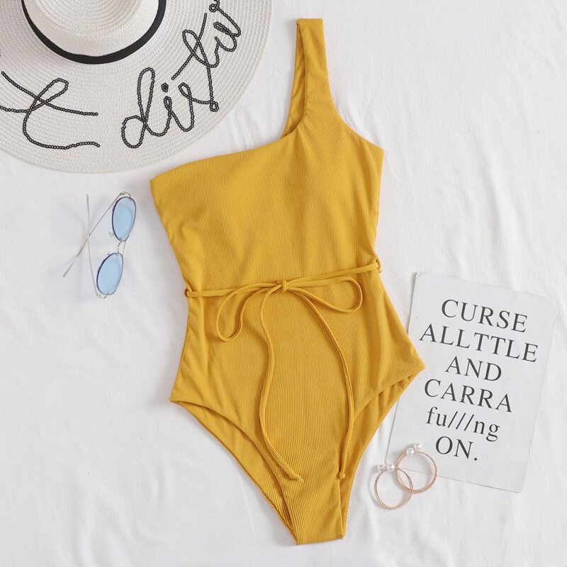 

Rib One Shoulder One Piece Swimsuit, Mustard yellow