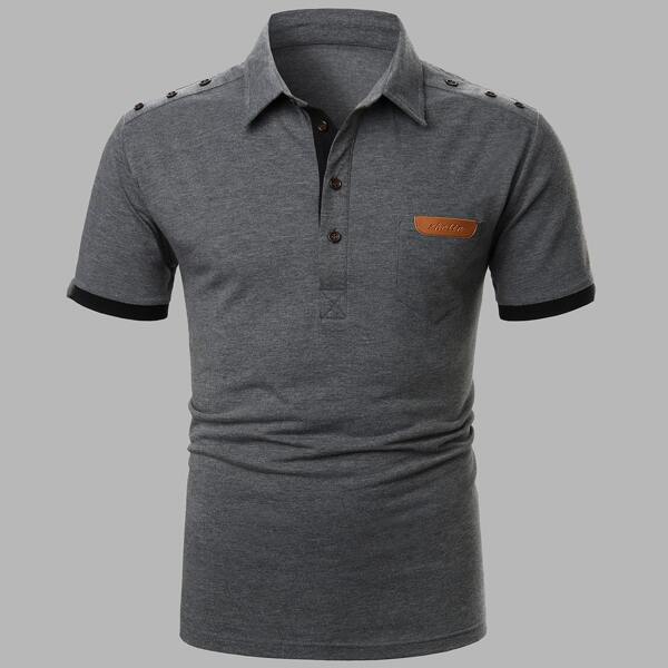 

Men Contrast Trim Button Detail Polo Shirt, Dark grey