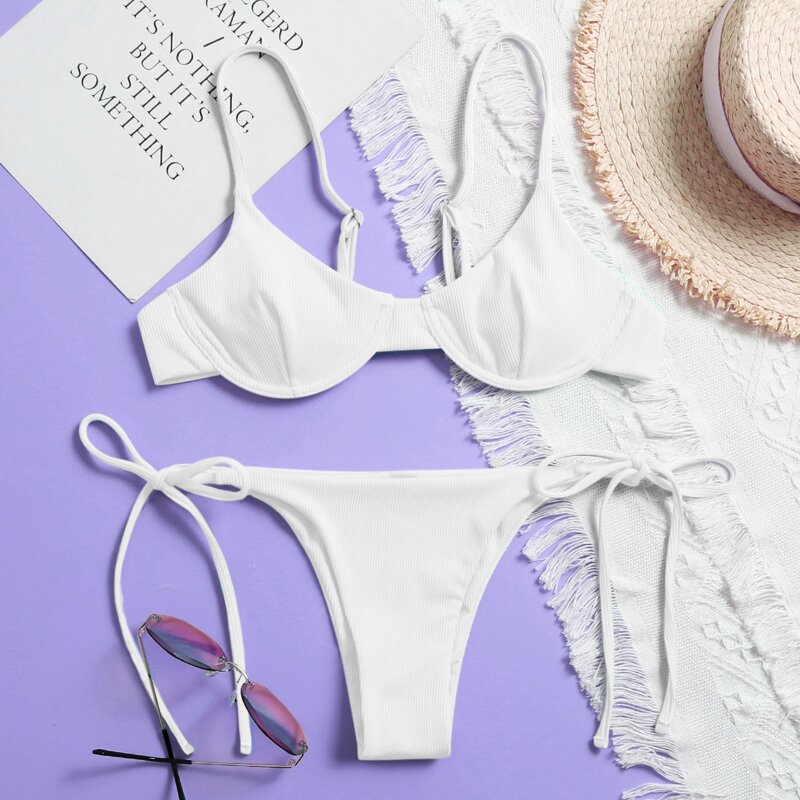 

Rib Underwire Tie Side Bikini Swimsuit, White