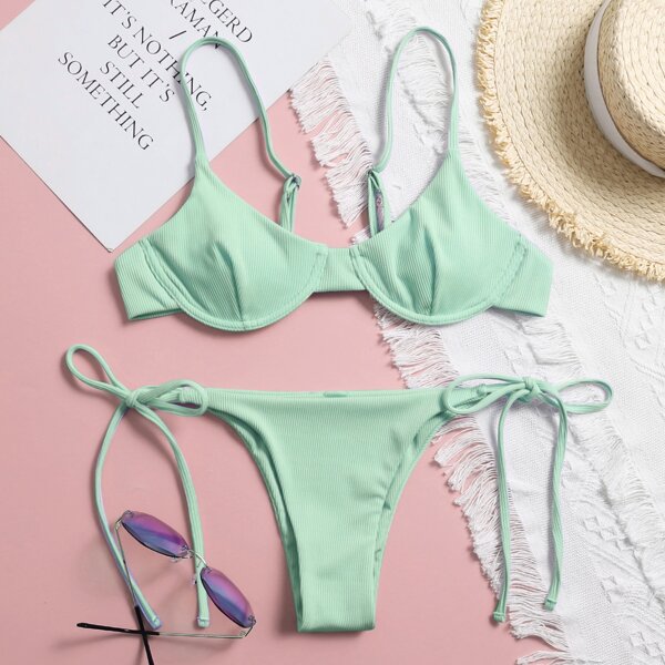 

Rib Underwire Tie Side Bikini Swimsuit, Mint green